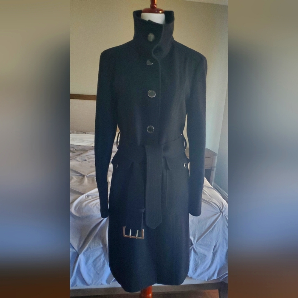 Kenneth Cole Black Belted Wool Blend Coat EUC Size 6